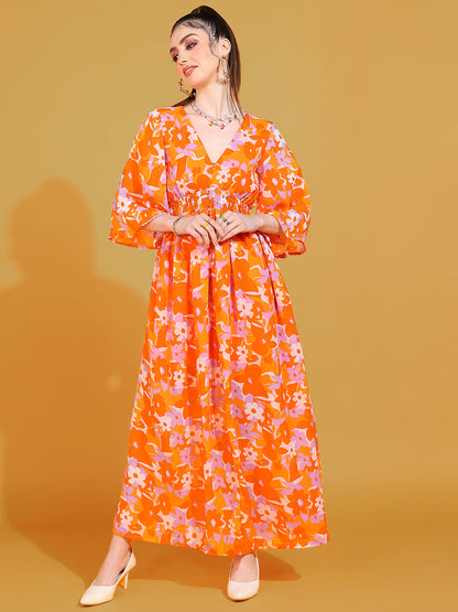 Women's Orange Floral Print Maxi Dress with V-Neck and Flared Sleeves