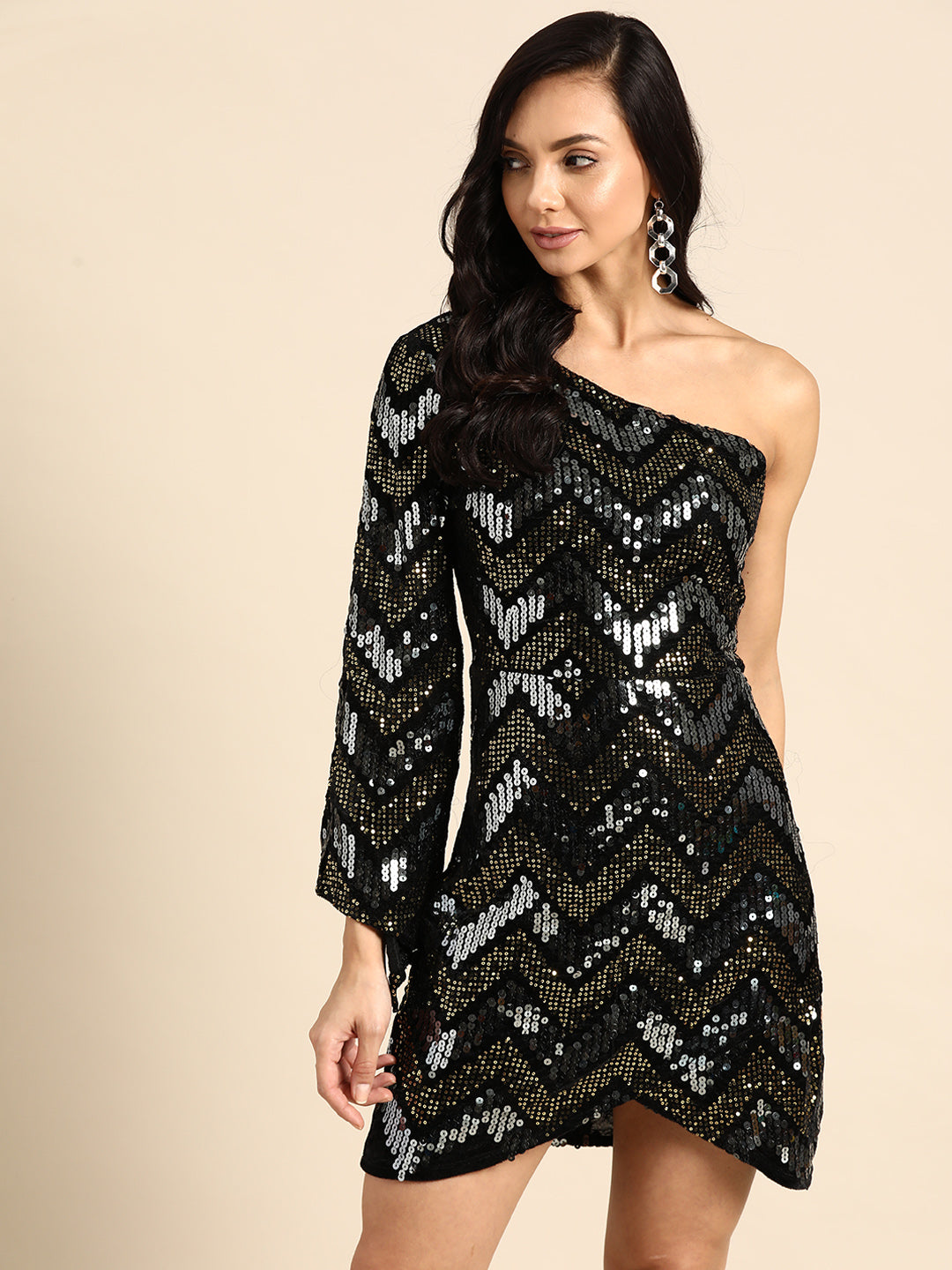 Black Sequin One Shoulder Party Dress for Women | Stylish Cocktail Mini Dress
