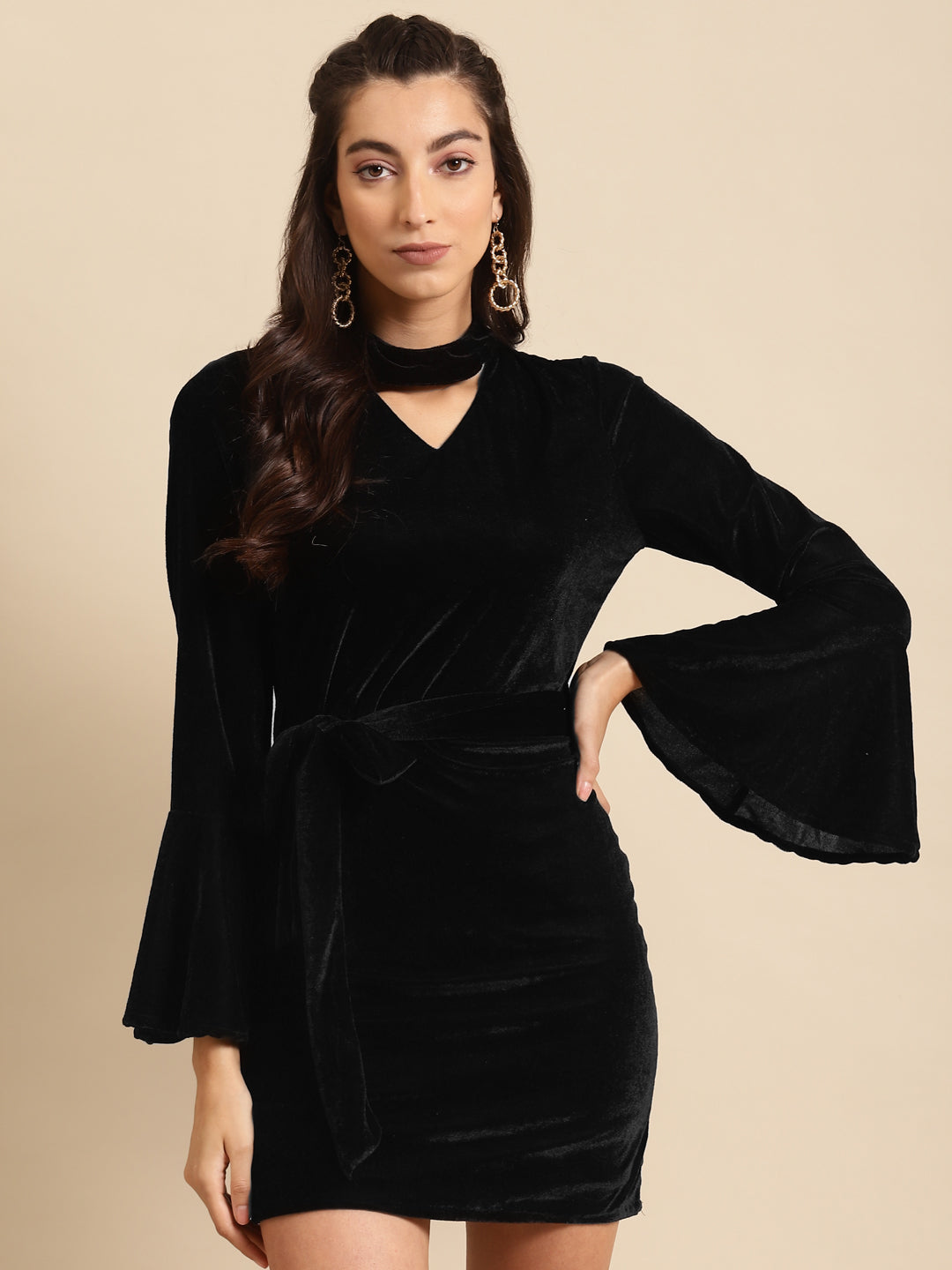 Black Velvet Bodycon Dress with Bell Sleeves and Tie Waist