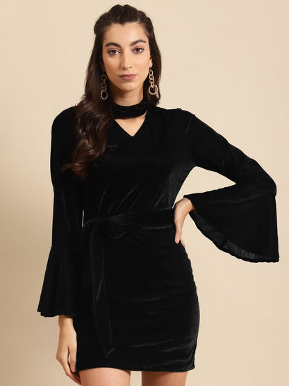 Black Velvet Bodycon Dress with Bell Sleeves and Tie Waist