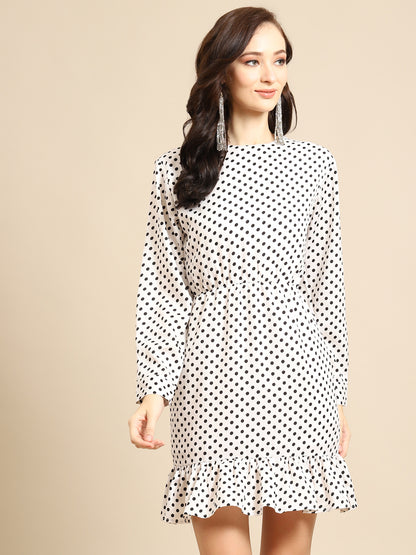 Elegant White Polka Dot Mini Dress for Women – Long Sleeve Ruffle Hem Casual Dress