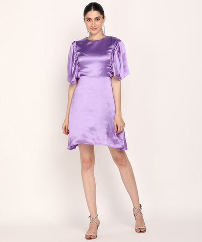 Lilac Satin Mini Dress with Puff Sleeves and Round Neck for Women