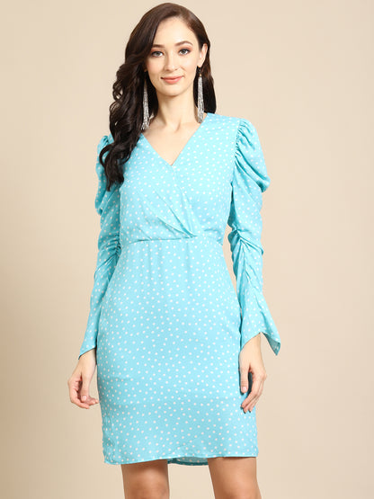 Sky Blue Polka Dot Bodycon Dress for Women | V-Neck Long Sleeve Ruched Dress