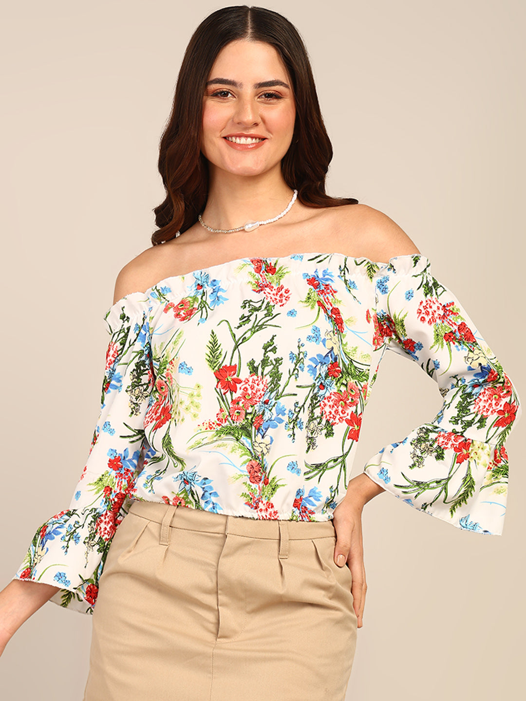 White Floral Off Shoulder Top for Women with Bell Sleeves