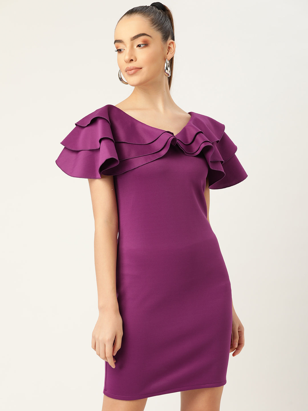 Purple Ruffle Sleeve Bodycon Mini Dress for Women