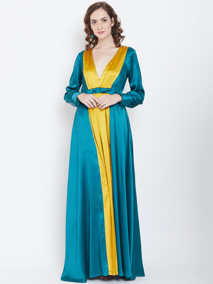 Teal and Mustard Satin Colorblock Maxi Dress with Deep V-Neck