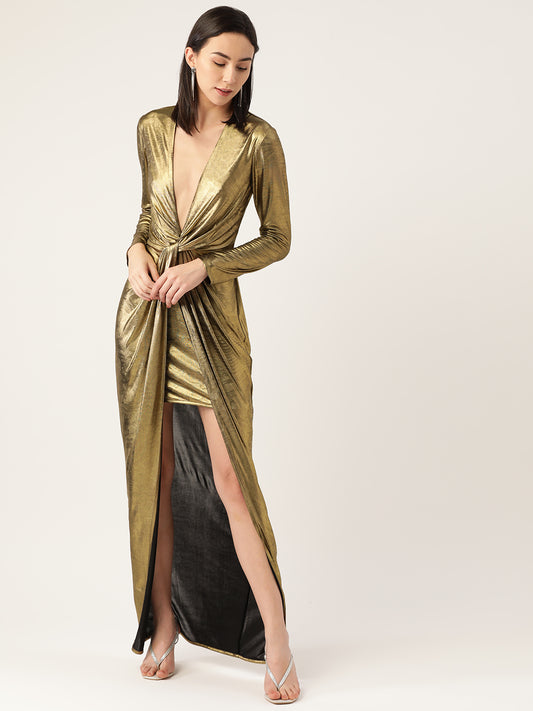 Golden Metallic Plunge Neck High Slit Evening Gown for Women