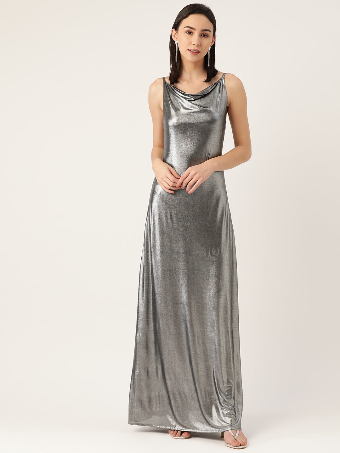 Silver Metallic Sleeveless Maxi Dress for Women