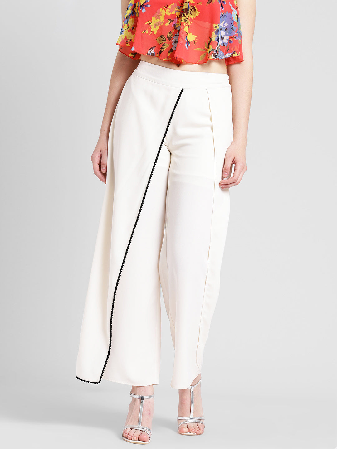 Women's White Asymmetric Overlay Palazzo Pants – Stylish Western Bottomwear