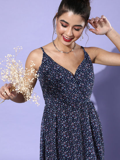 Floral Navy Blue Sleeveless Wrap Dress Casual & Chic Summer Look