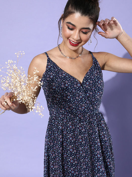 Floral Navy Blue Sleeveless Wrap Dress Casual & Chic Summer Look