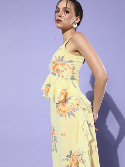 Pastel Yellow Floral Ruffle Midi Dress Elegant Summer Vibes