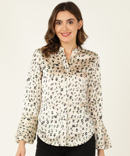 Women's Cream Satin Animal Print Shirt with Flared Sleeves