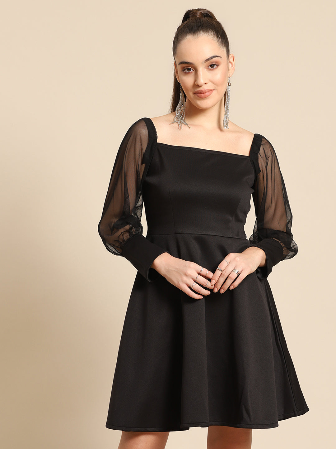 Black Fit & Flare Mini Dress for Women with Sheer Puff Sleeves – Party & Cocktail Wear