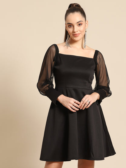 Black Fit & Flare Mini Dress for Women with Sheer Puff Sleeves – Party & Cocktail Wear