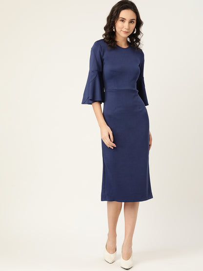 Navy Blue Bell Sleeve Bodycon Midi Dress for Women