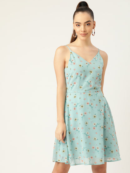 Blue Floral Print Spaghetti Strap A-Line Dress