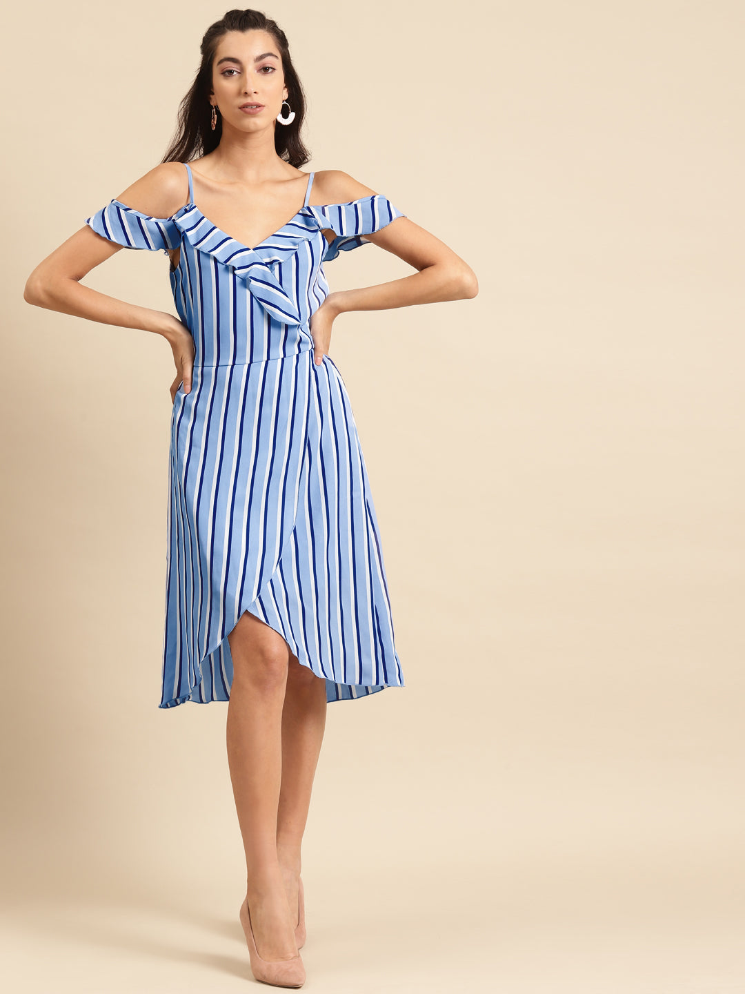 Women Cold Shoulder Blue Striped Wrap Midi Dress