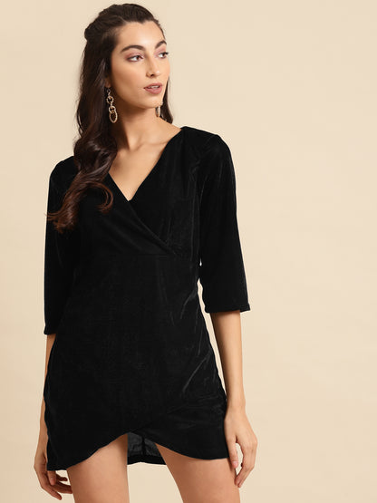 Black Velvet Bodycon Mini Dress with Wrap Detail
