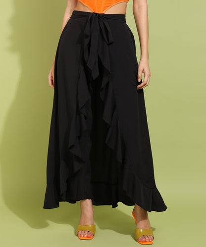 Black Ruffled High-Slit Maxi Skirt with Tie Waist – Elegant and Flowy