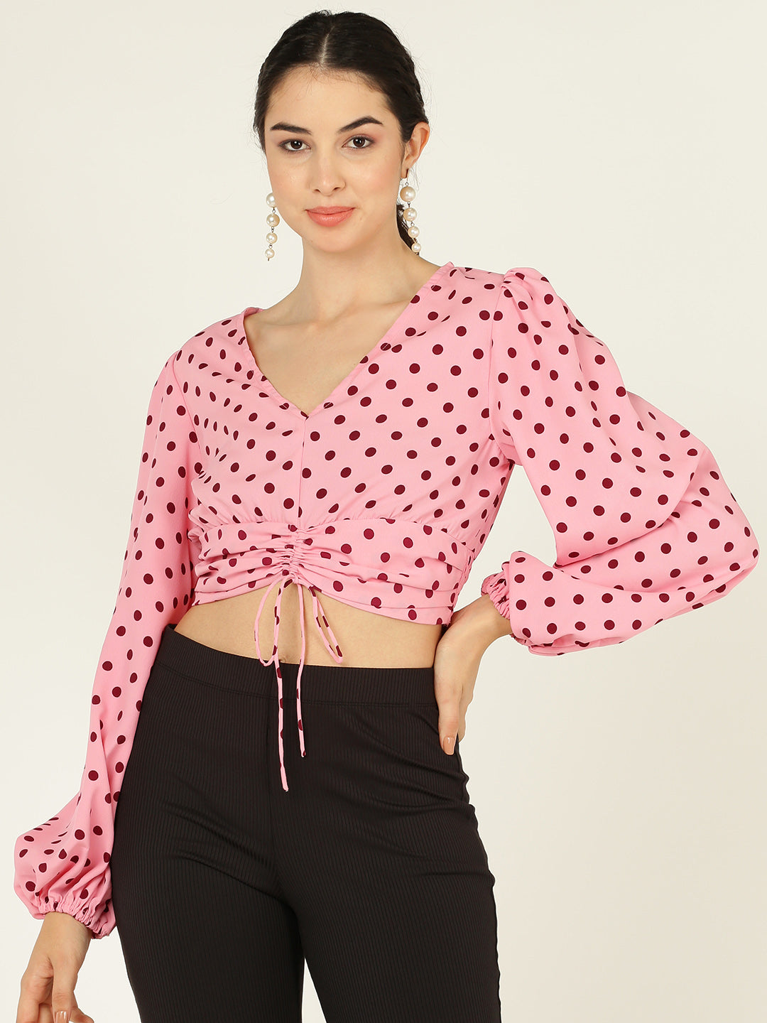 Pink Polka Dot Ruched Crop Top for Women – V-Neck Long Sleeve Puff Top