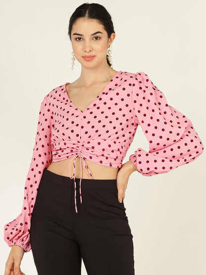 Pink Polka Dot Ruched Crop Top for Women – V-Neck Long Sleeve Puff Top