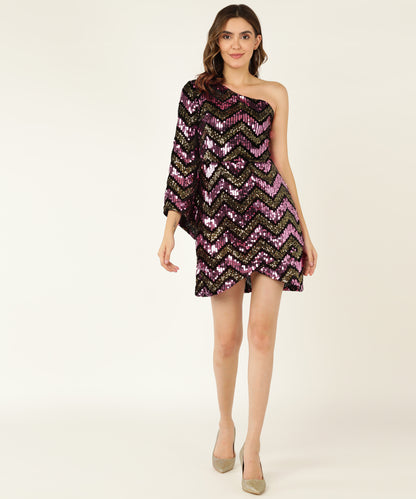 Trendy One-Shoulder Sequin Mini Dress with Chevron Pattern