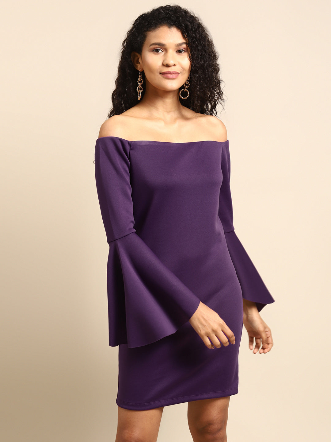 Purple Off Shoulder Bell Sleeve Bodycon Dress for Women
