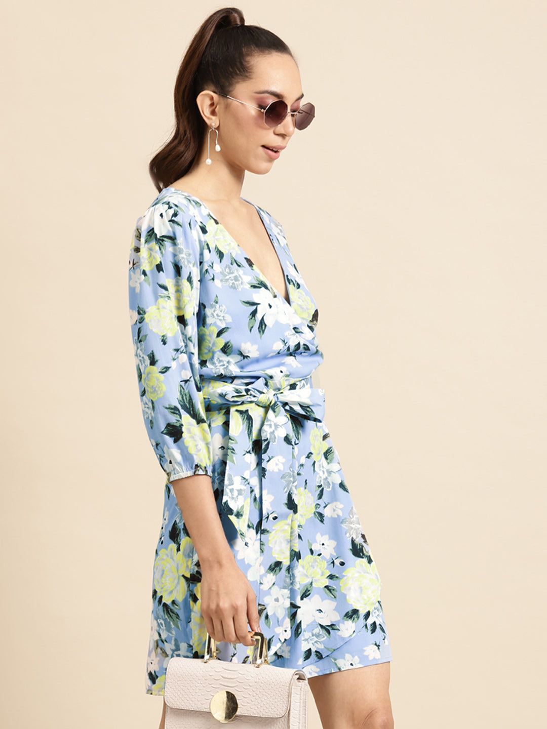 Women's Blue Floral Wrap Dress – Elegant V-Neck Short Dress with Waist Tie for Summer & Day Outings