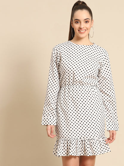White Polka Dot Mini Dress for Women | Long Sleeve Casual Ruffle Hem Outfit