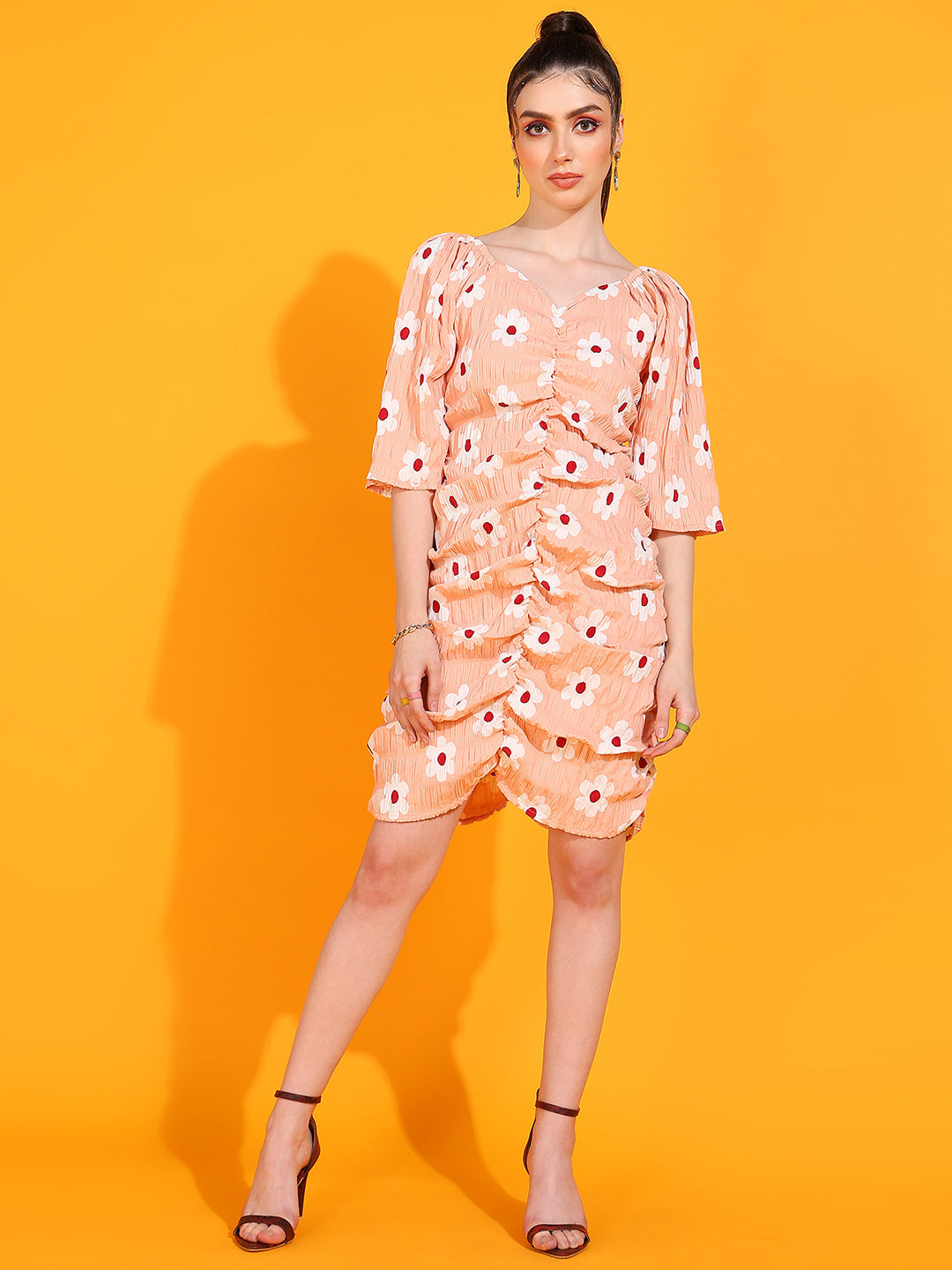 Peach Floral Ruched Mini Dress with Puff Sleeves | Summer Casual Wear