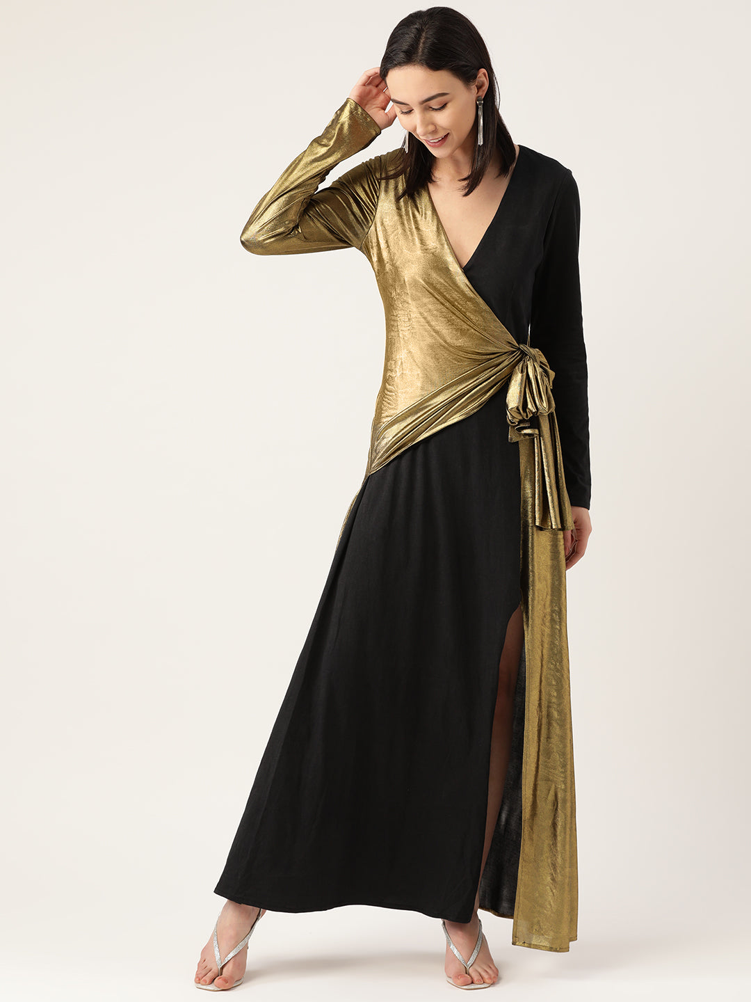 Women's Black and Gold Wrap Maxi Dress | Elegant Party Wear Gown