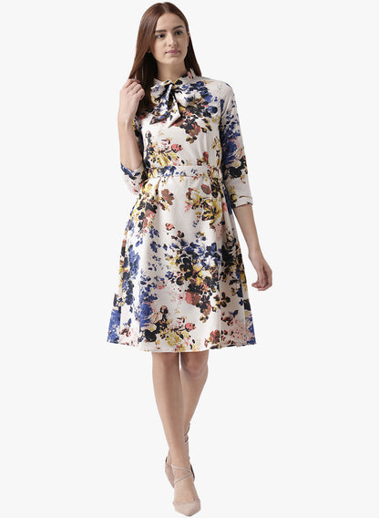 Women's Floral Fit and Flare Dress with Bow Tie Neck and 3/4 Sleeves