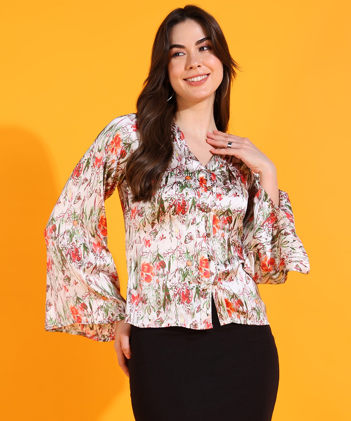 Floral Satin Button-Down Top with Flared Sleeves – Casual & Office Wear