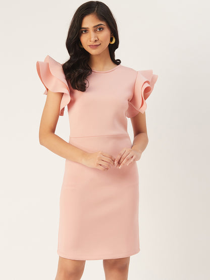 Pink Ruffle Sleeve Bodycon Dress for Women | Elegant Short Dress for Parties