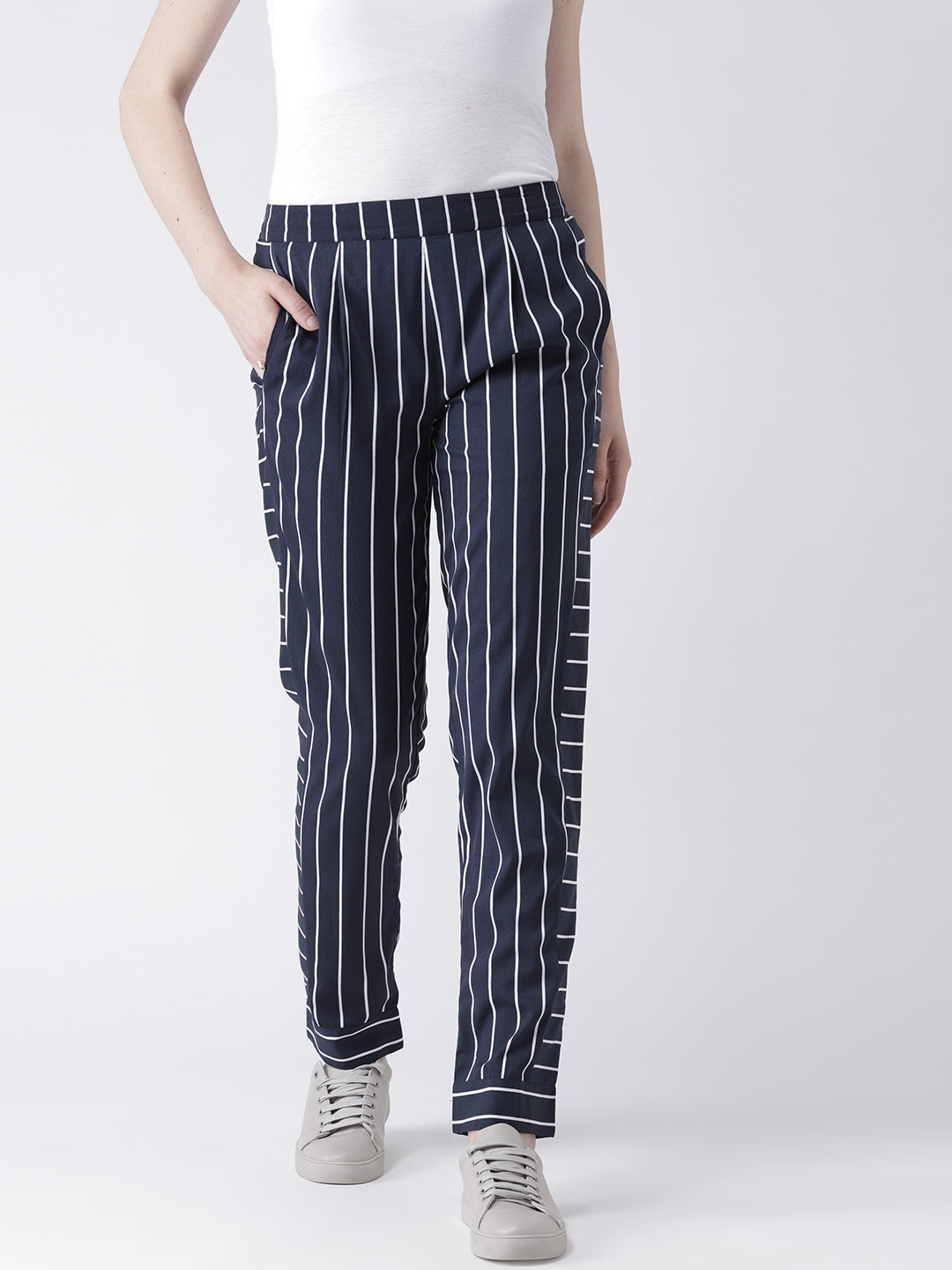 Women's Navy Blue Vertical Striped Pants – Slim Fit Casual Trousers with Pockets