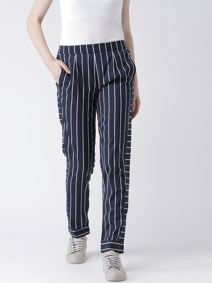 Women's Navy Blue Vertical Striped Pants – Slim Fit Casual Trousers with Pockets