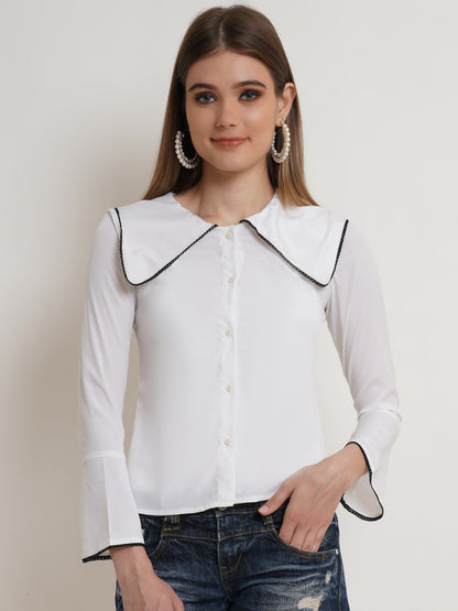 Women's White Collared Button-Up Shirt – Long Sleeve Blouse with Black Trim for Casual & Office Wear
