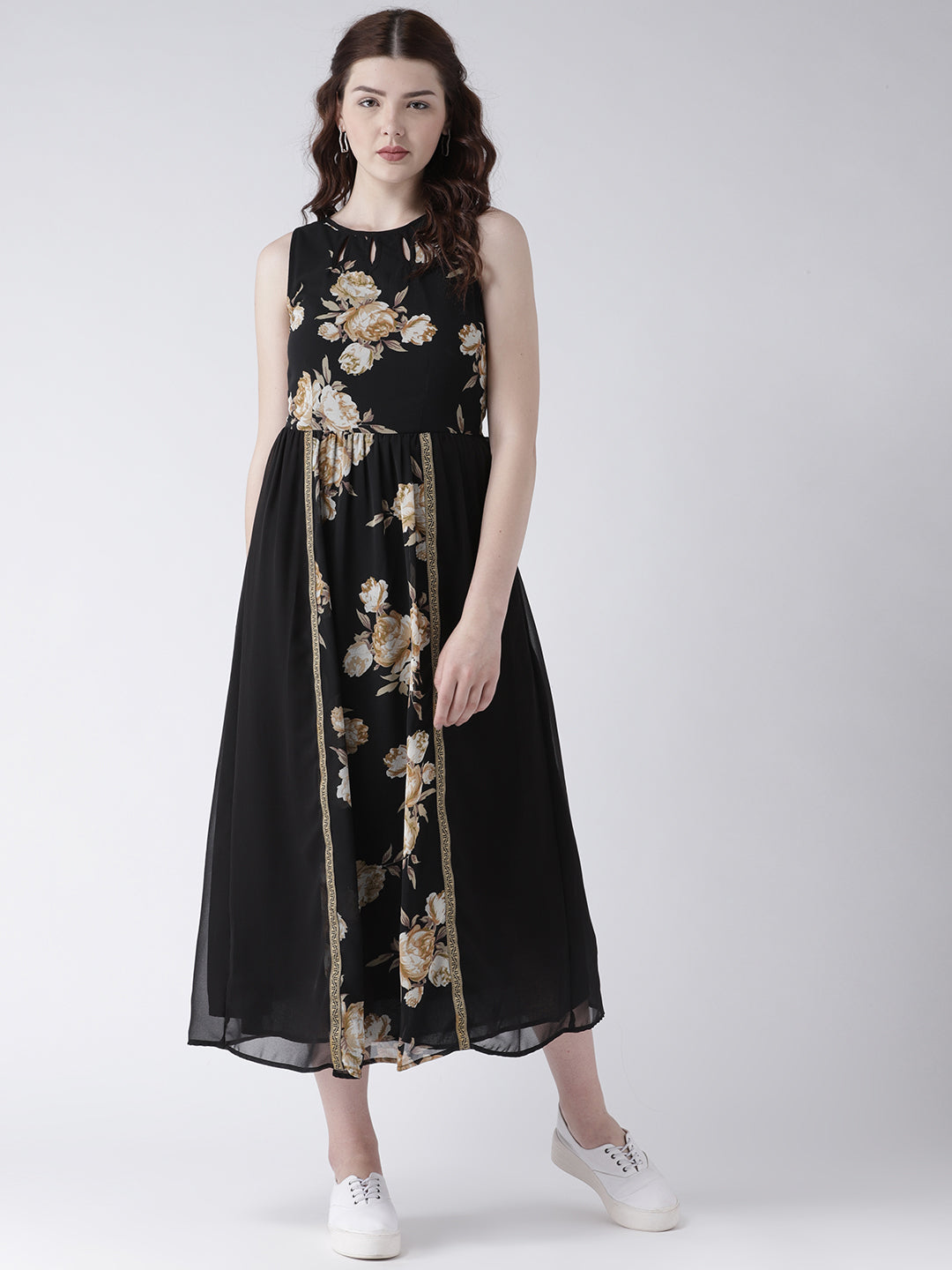 Women's Black Floral Print Sleeveless Flared Maxi Dress with Gold Border
