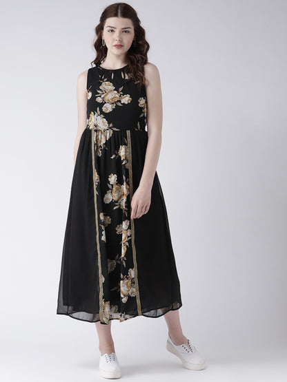 Women's Black Floral Print Sleeveless Flared Maxi Dress with Gold Border