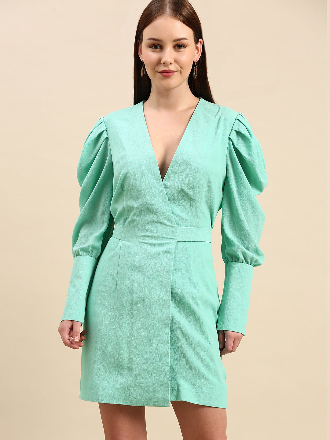 Mint Green Puff Sleeve Wrap Dress for Women - V-Neck, Short Casual Dress