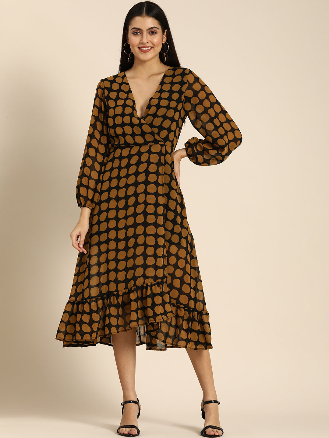 Brown Polka Dot Wrap Dress with Ruffle Hem