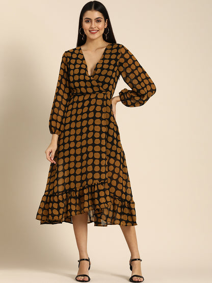 Brown Polka Dot Wrap Dress with Ruffle Hem