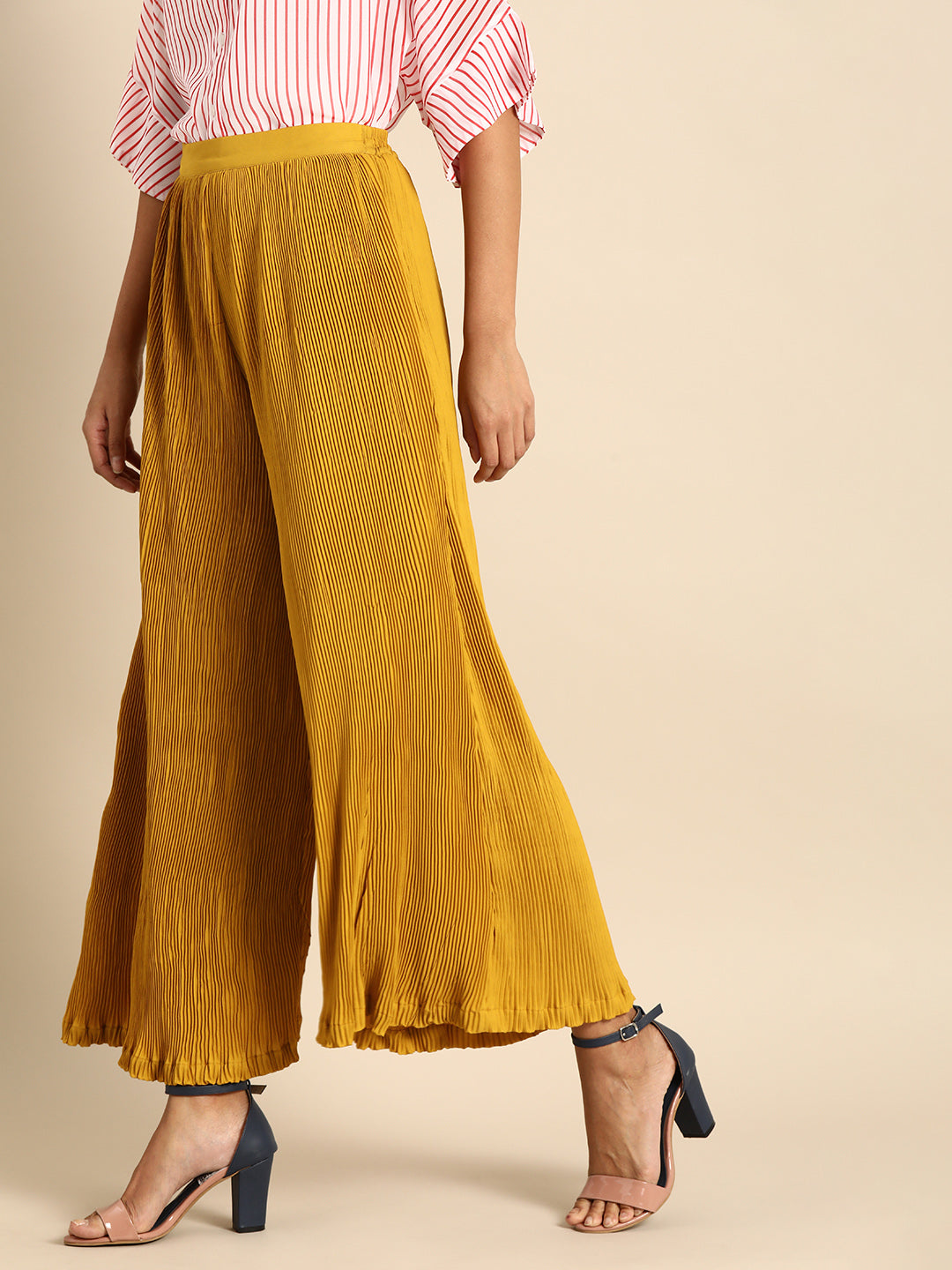 Mustard Yellow Pleated Wide Leg Palazzo Pants for Women – High Waist Casual & Party Wear