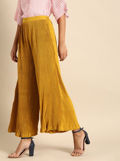 Mustard Yellow Pleated Wide Leg Palazzo Pants for Women – High Waist Casual & Party Wear