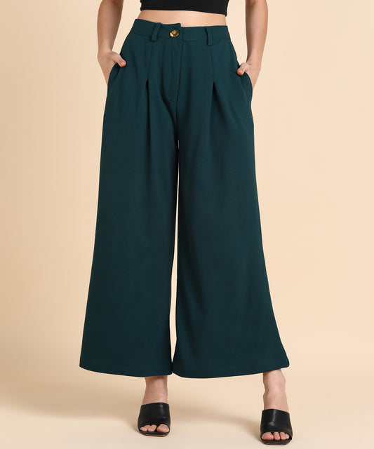 Women's Dark Black High-Waist Wide Leg Trousers – Elegant Pleated Palazzo Pants with Pockets