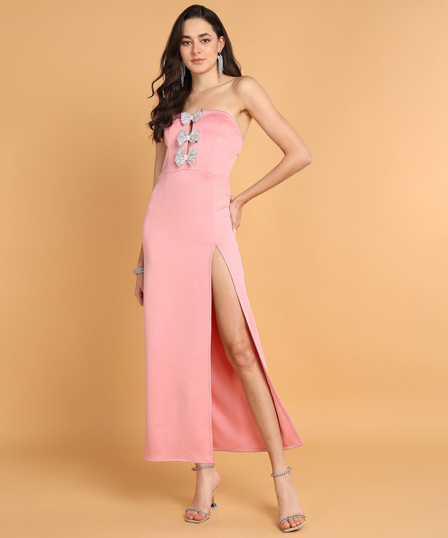 Pink Strapless Slit Dress with Bow Embellishments for Women