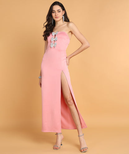 Pink Strapless Slit Dress with Bow Embellishments for Women