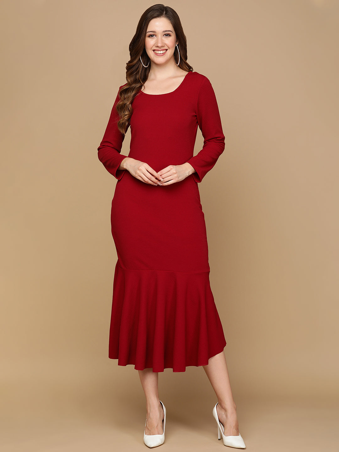 Elegant Maroon Bodycon Midi Dress for Women with Flared Hem | Party Wear