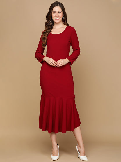 Elegant Maroon Bodycon Midi Dress for Women with Flared Hem | Party Wear